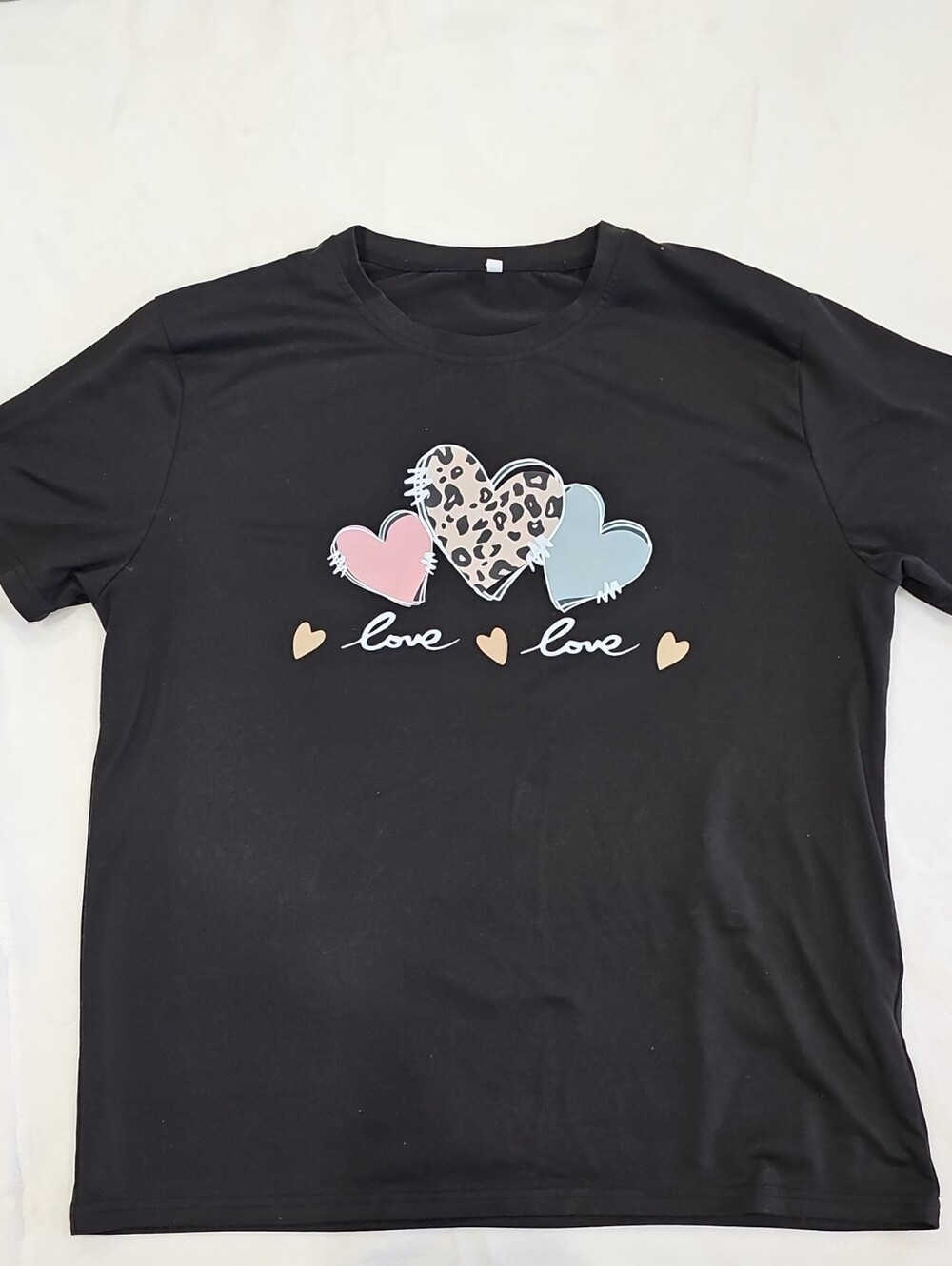 Womens Black Graphic Tee with Pink, Leopard & Light Blue Hearts